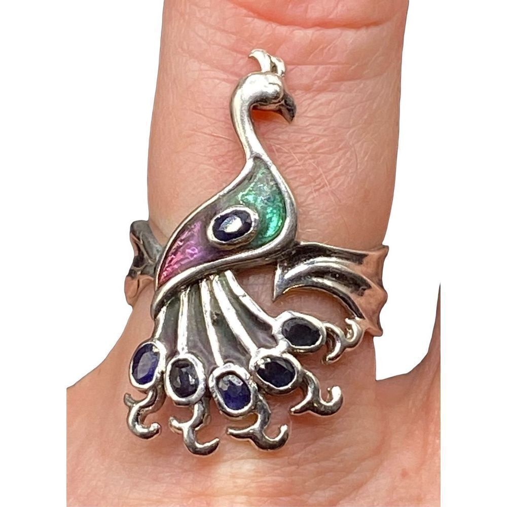Sterling Silver 925 pink green enamel peacock ring with six oval blue sapphires